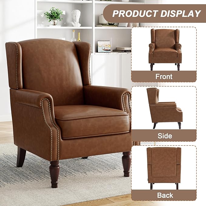 Pia Ricco High Back Floral Accent Chair - Retro Wingback Upholstered Armchair in Faux Leather, Nailhead Trim & Solid Wood Legs for Living Room Bedroom Reading Chair（Brown