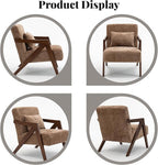Mid-Century Modern Accent Chair with Solid Wood Frame，Upholstered Chenille Living Room Arm Chairs with Pillow for Bedroom, Living Room, Reading Room, Balcony, Brown