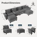 HERA'S HOUSE 158" Modular Sectional Sofa, Oversized U Shaped Couches for Living Room, Comfy Cloud Couch with Ottoman, 6-Seater Deep Seat Sofa with Throw Pillow, Corduroy Grey