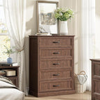 CARPETNAL Farmhouse 5 Drawers Dresser for Bedroom, 44" Tall Brown Dresser Wood Rustic Chest of Drawers with Wide Metal Handle,Natural Texture,Drawer Organizer for Bedroom,Living Room,Hallway