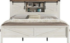 AMERLIFE Farmhouse King Bed Frame, Rustic Wood Platform Bed w/Barn Door Storage Bookcase Headboard & Charging Station, Bedroom Furniture, No Box Spring Needed, Antique White