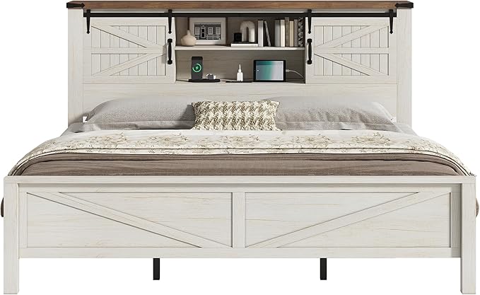 AMERLIFE Farmhouse King Bed Frame, Rustic Wood Platform Bed w/Barn Door Storage Bookcase Headboard & Charging Station, Bedroom Furniture, No Box Spring Needed, Antique White