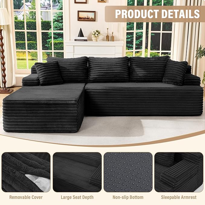 Hobestluk Modular Sectional Couch Sofa, 108" Boneless Couches for Living Room, Memory Foam Sectional Couch with Oversized Chaise,L-Shape Couches (Black, Left Facing)