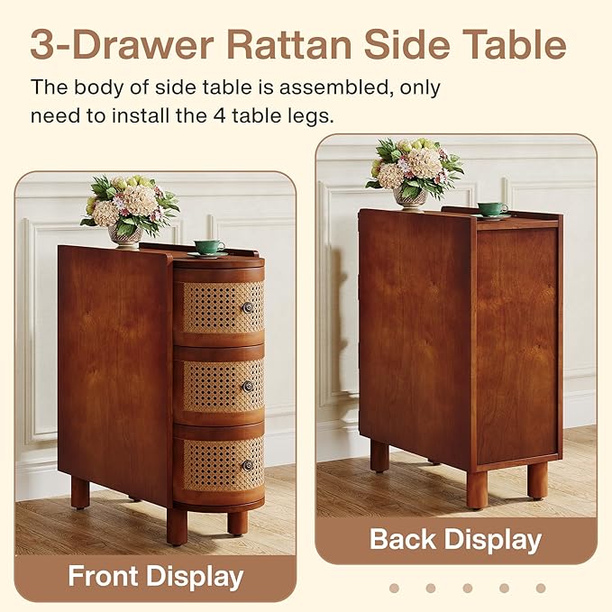 Tribesigns 3-Drawer Rattan End Table, Sofa Side Table with Vintage Embossed Handles, Slim Nightstand for Living Room, Bedroom, Finished Back, No Assembly (Walnut & Oak, 2PCS)