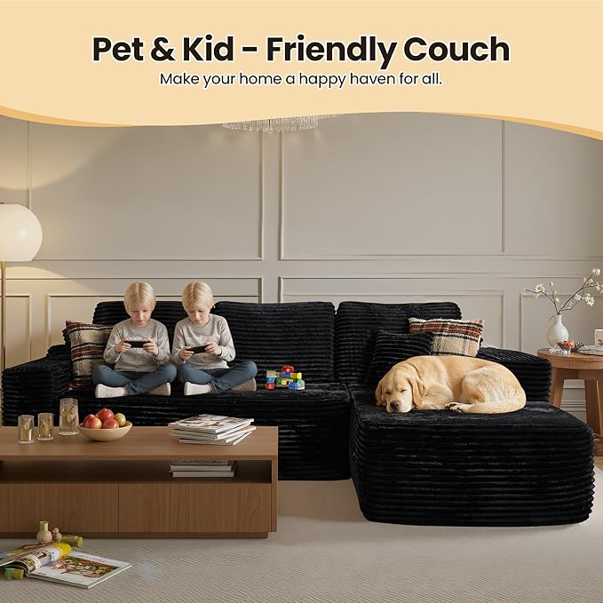 104" Cloud Sectional Couch with Chaise, Boneless L-Shaped Cloud Couch with Deep Seat, Soft Plush Modern Minimalist Sofa, Assembly Free Comfy Sofa for Office Living Room Apartment(Black, Right Chaise)