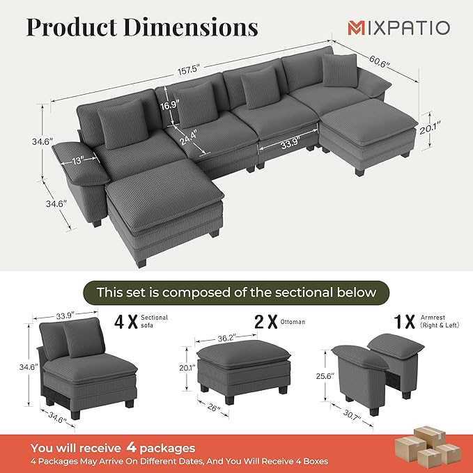 157-Inch U Shaped Sectional Sofa with Cloud Cushions, Deep Seat Modular Couch Set w/ 6 Seats & 2 Ottomans, Removable Arms, Plush Corduroy Upholstery for Living Room, Apartment - Gray