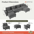 157-Inch U Shaped Sectional Sofa with Cloud Cushions, Deep Seat Modular Couch Set w/ 6 Seats & 2 Ottomans, Removable Arms, Plush Corduroy Upholstery for Living Room, Apartment - Gray