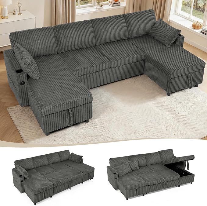 110" Corduroy Pull Out Sofa Bed w/Adjustable Backrests, Sectional U-Shape Sleeper Sofa w/Storage Chaise, Convertible Couch Bed w/USB Charging Port & Cup Holders for Living Room, House, Grey