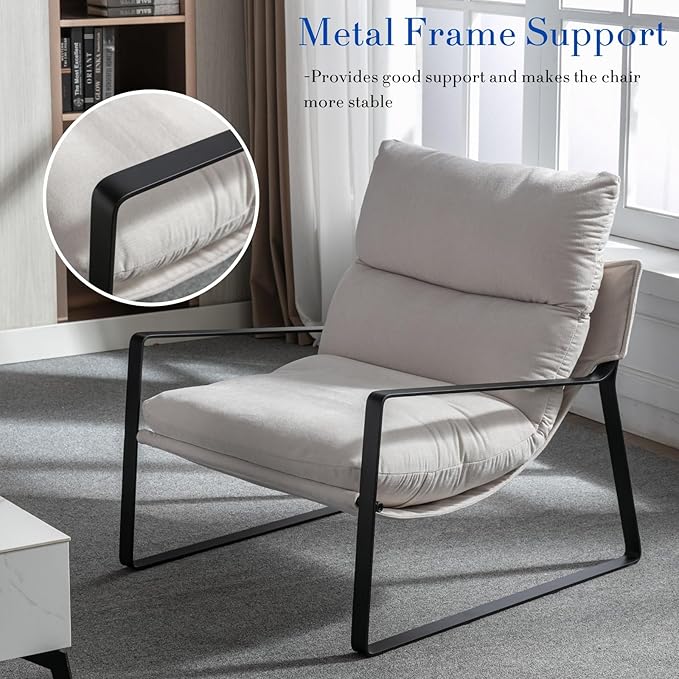 HEAH-YO Modern Accent Chair Set of 1, Comfy Living Room Chair with Removable Cushion and Solid Metal Frame, Chenille Fabric Reading Side Chair for Bedroom, White