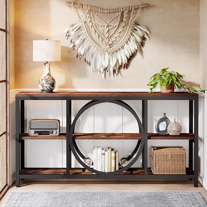 Tribesigns 70.9 Inch Extra Long Console Table for Entryway, Sofa Table Behind Couch with 3 Tier Wood Storage Shelves Industrial Metal Frame for Living Room Hallway Entryway, Brown Black