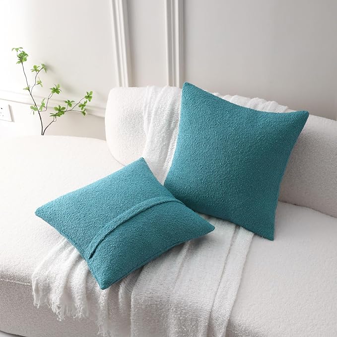 FUTEI Pack of 2 Teal Blue Decorative Throw Pillow Covers 22x22 Inch Soft Cozy Solid Boucle Textured Cushion Case,Modern Home Decor for Couch Bed Living Room