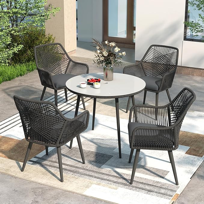JOIVI 5 Piece Outdoor Dining Set, Wicker Patio Furniture Dining Chairs and Table Set with Cushions for 4 People, Tempered Glass Tabletop with 2.16” Umbrella Hole, for Lawn, Backyard,with Gray Cushions