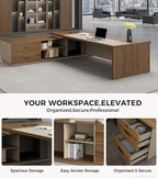 L-Shaped Executive Desk with Lockable Drawers – 79" Modern Large Executive Office Desk with LED, Lateral File Cabinet, Built-In Cable Box, Privacy Panel & Storage Shelves for Home or Business, Left