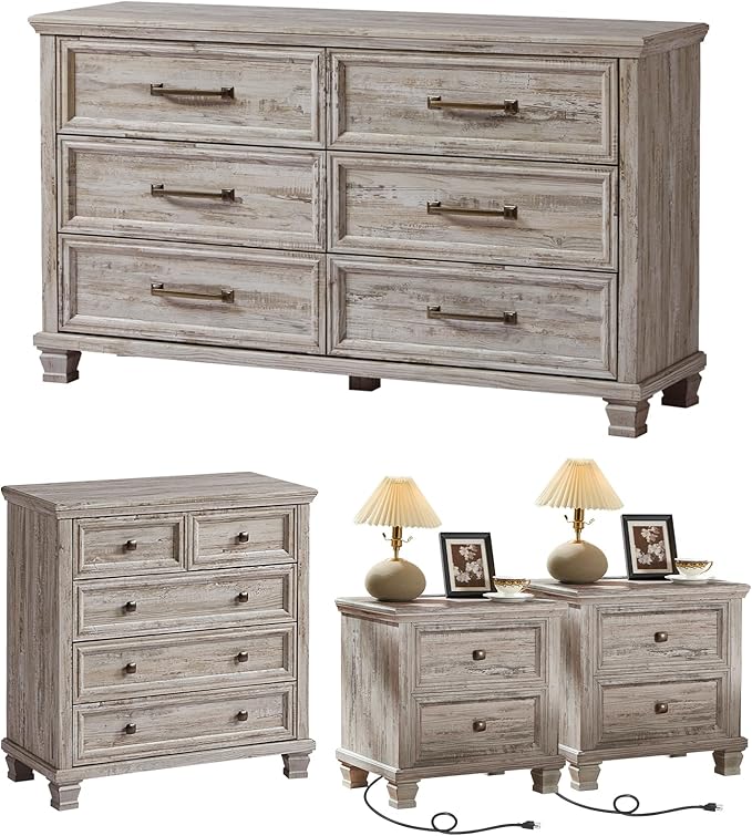 Farmhouse Bedroom Dresser and Nightstand Set of 4, 6 Drawer Low & 5 Drawers Dresser & 2 Drawer Nightstand Set, Rustic Wood Bedroom Furniture Set for Livingroom, Hallway, Grey