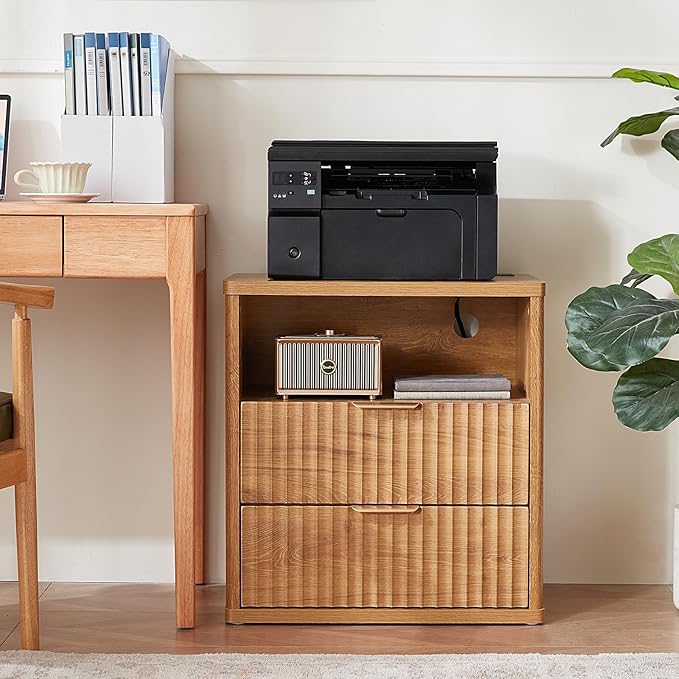 LEYAOYAO Fluted Nightstand with Charging Station, 23" Modern Night Stand with Woodgrain Top, 2 Drawers End Table w/Storage, Bedside Tables for Bedroom, Living Room, Curved Profile Design,Brown