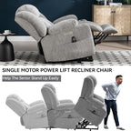 Power Lift Recliner Chair, USB/Type-C Ports & Cup Holders, Heavy Duty Chenille Recliner for Elderly, Light Grey
