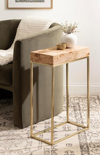 Kate and Laurel Karlsen Modern Wood and Metal Burlwood Narrow Side Table; 16 x 24 x 8; Burlwood and Gold; Slim End Table for Use as Skinny Bedroom Nightstand or Entryway Table Option