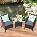COSTWAY 3 PCS Patio Furniture Set, Outdoor Wicker Conversation Set with Tempered Glass Coffee Table, Seat Cushions, Rattan Wicker Chairs for Poolside Balcony Porch Backyard, Gray