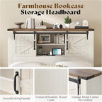 AMERLIFE Farmhouse Full Bed Frame, Rustic Wood Platform Bed Barn Door Storage Bookcase Headboard & Charging Station, Bedroom Furniture, No Box Spring Needed, Antique White