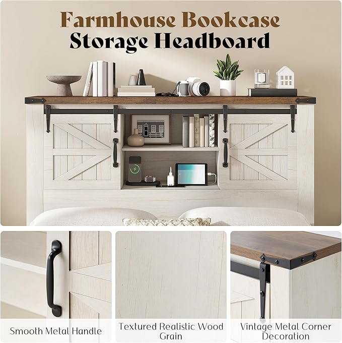 AMERLIFE Farmhouse Full Bed Frame, Rustic Wood Platform Bed Barn Door Storage Bookcase Headboard & Charging Station, Bedroom Furniture, No Box Spring Needed, Antique White