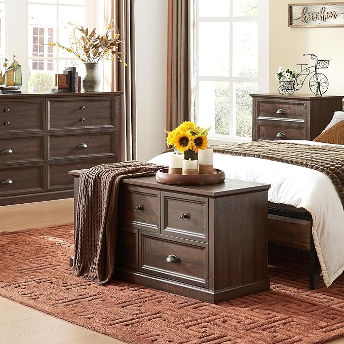 Farmhouse 5 Drawers Dresser for Bedroom, 45" Wide Chest of Drawers, 21" Tall Storage Closet Bench Storage Chest Storage Trunk, Wood Rustic Dresser for Closet, Living Room, Hallway, Brown