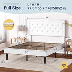 Allewie Full Size Velvet Upholstered Bed Frame with Adjustable Headboard, Diamond Tufted Design, Wood Slat Support, Noise-Free EVA Strip, Easy Assembly, White
