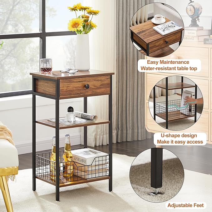 VECELO Tall End Side Tables,27 Inch Night Stand with U-Shape Basket and Storage Drawer/Shelf for Living Room/Bedroom/Small Spaces,Set of 2,Brown