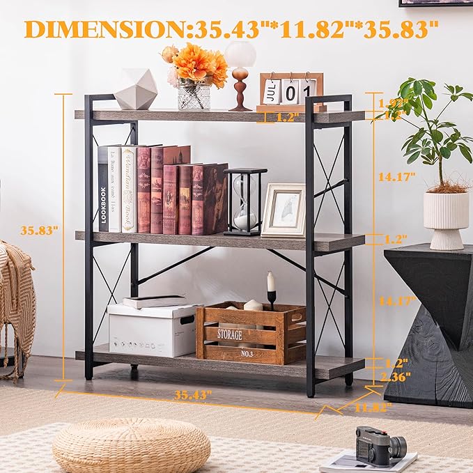 HCHQHS Bookshelf, 3-Tier Industrial Bookcase, Rustic Open Book Shelf, Freestanding Horizontal Bookshelves with Metal Frame