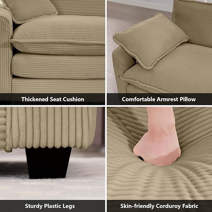 mikibama Luxury 3 Piece Sofa Set, 3-Seater & 2 Single Sofa Set, Modern Corduroy Comfy Cloud Couches Set for Living Room Office with 2 Armrest Pillows and 5 Toss Pillows, Camel
