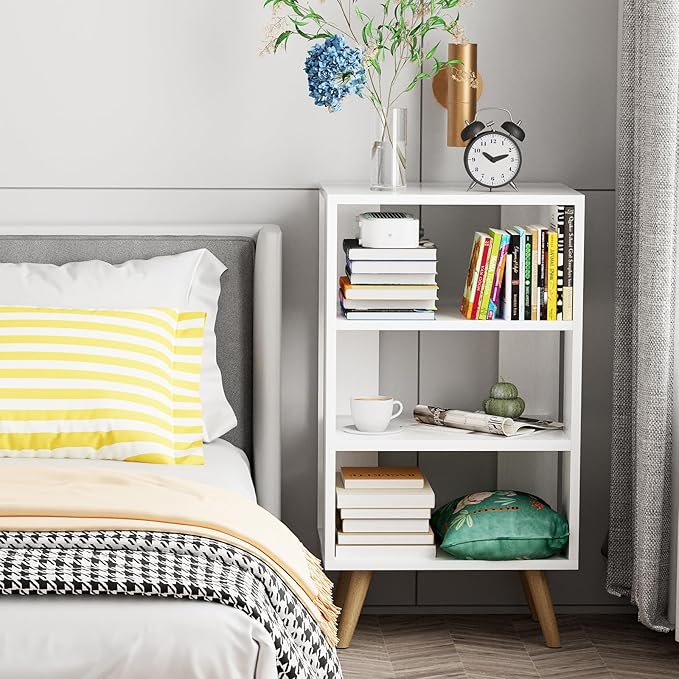 Night Stand, White Kids Nightstand, Modern End Table with Open Storage, 3-Tier Nursery Bedside Table for Small Space, Living Room, Bedroom