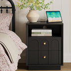 Nightstand with Charging Station, Modern Nightstand with Arched Design, Minimalist End Table with Wood Grain Texture, Bedside Table for Bedroom Living Room Sofa Office, Black