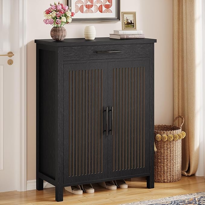 Tribesigns Shoe Cabinet, 5-Tier Shoe Storage Cabinet with Louvered Doors and Drawer, Freestanding Wooden Shoe Rack Organizer with Adjustable Shelves for Entryway, Hallway, Closet, Black