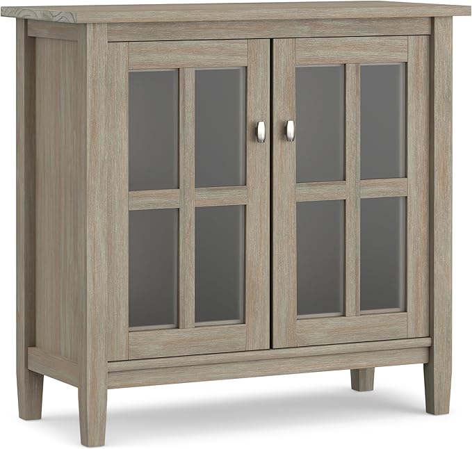 SIMPLIHOME Warm Shaker SOLID WOOD 32 inch Wide Transitional Low Storage Cabinet in Distressed Grey for the Living Room, Entryway and Family Room