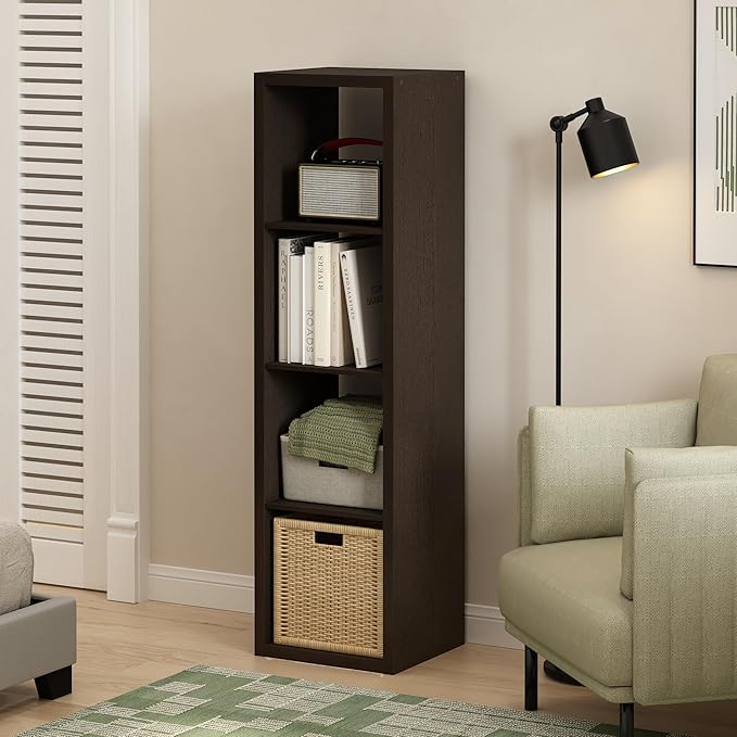 Furinno CUBICLE Book Shelf, 4-Cube Vertical Thick Frame Bookshelf, Horizontally & Vertically Reversible Bookcase with Open Back, 14.6 x 15.9 x 58, for Living Room, Bedroom, Home Office, Black Dark Oak
