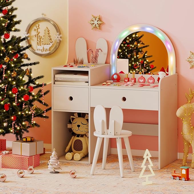 Costzon Kids Vanity, Girls Vanity Set with Mirror and Stool and Lights, Drawers & Storage Compartments, Toddler Makeup Vanity Desk Dressing Table, Wooden Kids Vanity Table and Chair Set (White)