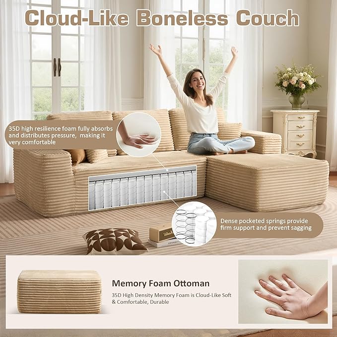 Oversized U Shaped Boneless Sectional Cloud Couch, 133.1'' Modular Sofa with Chaise, Deep Seat Plush Corduroy Couches for Living Room, No Assembly Required,Plush Corduroy,Beige