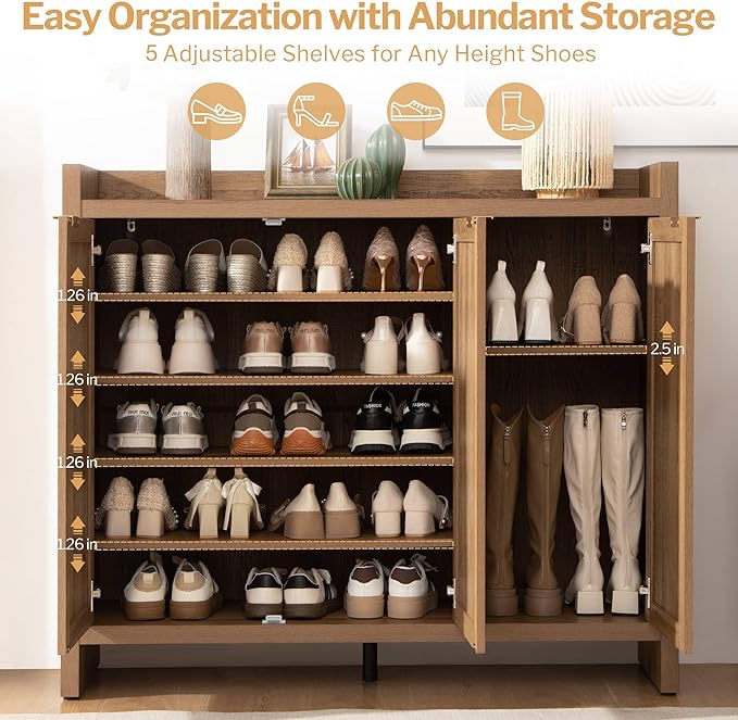 SICOTAS Shoe Storage Cabinet Set of 2, Large Tall Shoe Cabinet, Rattan Shoe Cabinet Storage for Entryway, Farmhouse Cabinet with Doors and Adjustable Shelves for Entryway Hallway Living Room