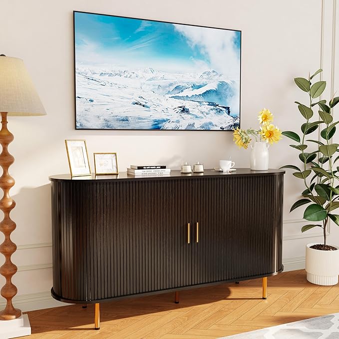 DHH Storage Cabinet, Fluted Sideboard Buffet Cabinet with Tambour Sliding Doors& Adjustable Shelf, Accent Coffee Bar Console Table for Kitchen, Living Room, Entryway (Black, 55 Inch)