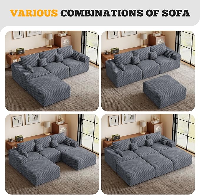 113" Modular Sectional Sofa, Convertible L-Shaped Cloud Couches for Living Room with Ottoman, 4 Seater Corduroy Boneless Couch Sofa Set, No Assembly Required, Grey 1 PCS