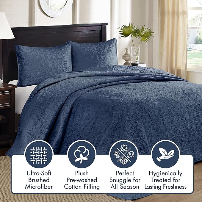 Madison Park Quebec Reversible Quilt Set Damask Design, Double Sided Stitching All Season, Lightweight Bedspread Bedding Set, Matching Sham, Navy, Twin(81"x110") 2 Piece
