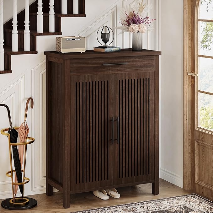 Tribesigns Shoe Cabinet, 5-Tier Shoe Storage Cabinet with Louvered Doors and Drawer, Freestanding Wooden Shoe Rack Organizer with Adjustable Shelves for Entryway, Hallway, Closet, Black Walnut