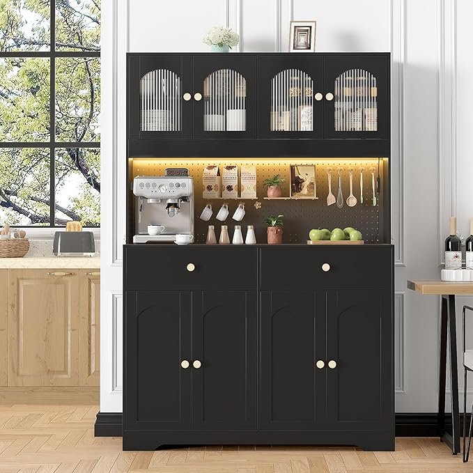 70" Pantry Cabinet with Pegboard, Kitchen Pantry Storage Cabinet with Shelves & Drawer, Adjustable Shelves, LED Light & Power Outlets for Dining Room (Black)