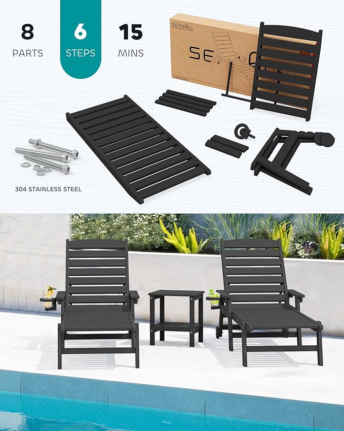 SERWALL Patio Chaise Lounge Chair Set of 2, 78'' Long 5-Positions Adjustable HDPE Outdoor Lounger for Pool, Poly Lounge Chair with Rolling Wheels & Cup Holder for Poolside, Deck, Obsidian Black