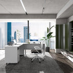 70" W L‑Shaped Executive Standing Desk with Storage Cabinet, Electric Corner Height Adjustable Workstation for Dual Screens, Printer, and Office Essentials