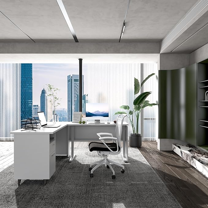 70" W L‑Shaped Executive Standing Desk with Storage Cabinet, Electric Corner Height Adjustable Workstation for Dual Screens, Printer, and Office Essentials