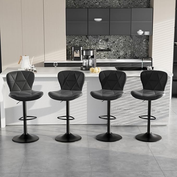 Bar Stools Set of 4,Adjustable Swivel Barstools, Faux Leather Bar Chairs,Upholstered Counter Height with High Backrest for Kitchen Island, Black