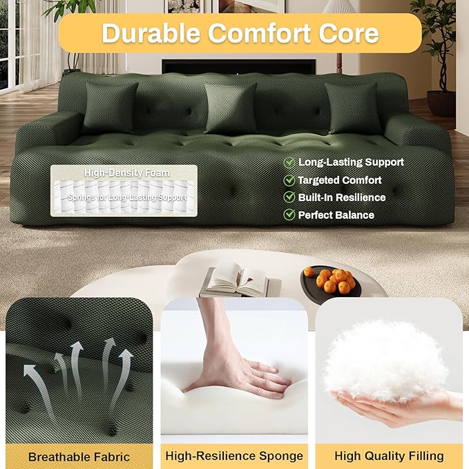 114'' Oversized Sectional Couches for Living Room Boneless Modular Sectional Sofa Plush Cloud Modular Couch Modern Sectionals with Deep Seat, No Assembly Required, 3 Seater, Green