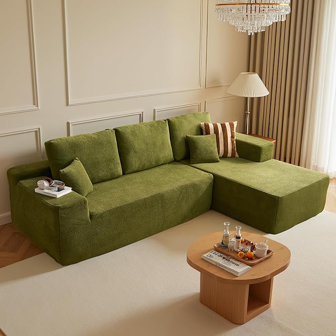 104" Cloud Sectional Couch with Chaise, Boneless L-Shaped Cloud Couch with Deep Seat, Modern Minimalist Sofa, Assembly Free Comfy Sofa for Office Living Room Study Room Apartment(Green, Right Chaise)