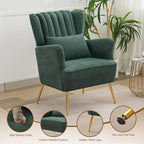 Fabric Accent Living Room Arm Chair with Pillow & Golden Legs, 8.5" Thick Cushion, Mid Century Modern Wingback Chairs Upholstered Comfy Sofa Armchair for Reading Room/Bedroom, Green