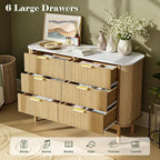 Fluted 6 Drawer Dresser for Bedroom, 47" Wide Chest of Drawers with Faux Marble Top & Curved Profile Design, Modern Dresser TV Stand, Wood Drawer Storage Organizer for Living Room, Natural